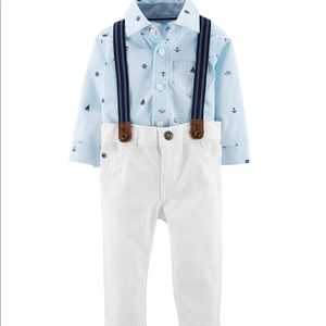 3 pc suspender set w button down onesie sailboat